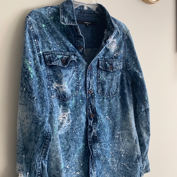 Carbon Tops - Denim paint splattered distressed button down top